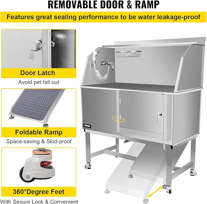 VEVOR Dog Grooming Tub, 50" Right Door Pet Wash Station, Professional Stainless Steel Tub Rated 330LBS Load Capacity, Non-Skid Dog Washing Station Comes with Ramp, Faucet, Sprayer and Drain Kit