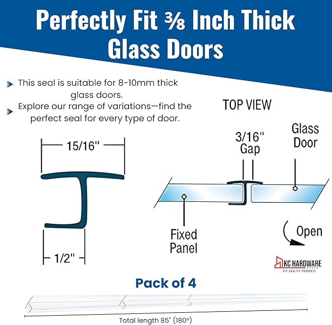 KC Hardware 85 Inch Frameless Shower Door Side Seal Strip, H-Type Glass Shower Door Seal Strip (180 Degree) for 3/8 Inch (8-10mm) Thick Glass, Water Guard That Prevents leaks, Ultra Clear (Pack of 4)