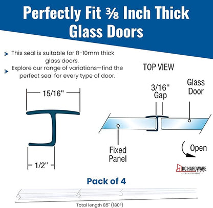 KC Hardware 85 Inch Frameless Shower Door Side Seal Strip, H-Type Glass Shower Door Seal Strip (180 Degree) for 3/8 Inch (8-10mm) Thick Glass, Water Guard That Prevents leaks, Ultra Clear (Pack of 4)