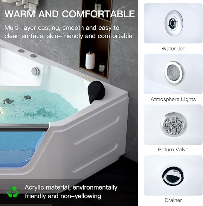 59'' x 59'' Corner Whirlpool Tub- Plastic Acrylic Bathtub with Light,Home Spa Hydromassage with Chromatherapy,Hydro Massage for 2 Person White, ETL Certified