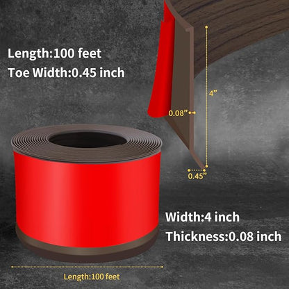 Flexible Baseboard Molding Trim 4 Inch Self-Adhesive Vinyl Wall Base Peel and Stick Cove Base Rubber Wall Baseboard Moulding Trim (100Ft, Dark Walnut Wood Grain)