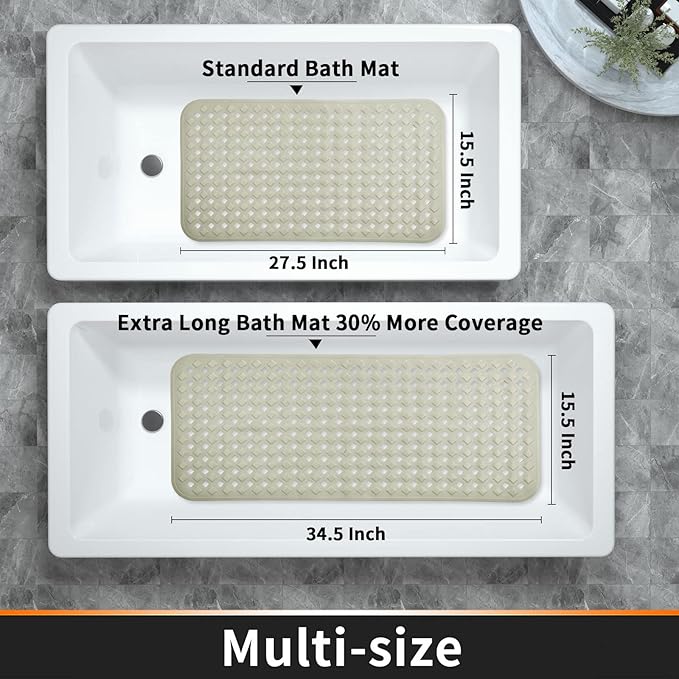 Yimobra Non Slip Bath Mat, Super Strong Suction Cups,34.5"x15.5"Long Tub Mat with Drain Holes, Machine Washable Fast Draining Shower Mats, Bathroom Essentials,Camel
