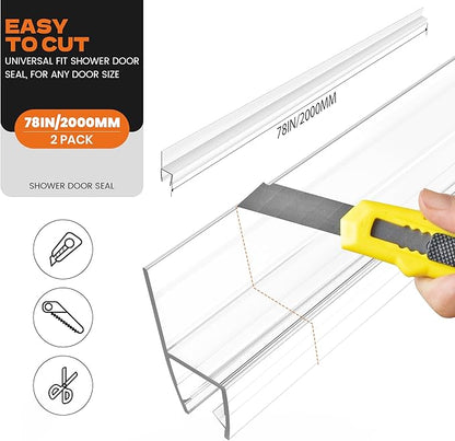 2PCS 78" Shower Door Side Seal Strip for 3/8" (10mm) Frameless Glass, Clear PVC Waterproof Shower Sweep, Easy to Install, No Adhesive Needed, Cuttable & Durable for Leak Prevention