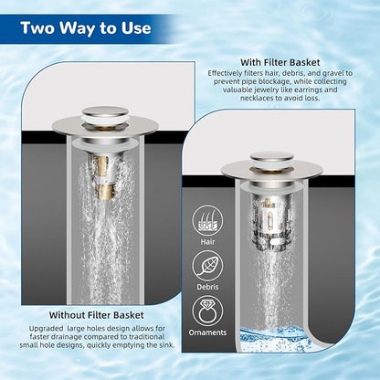 Hibbent Upgraded 3 in 1 Bathroom Sink Drain Strainer, Universal Pop Up Stopper with Removable Stainless Steel Filter Basket Hair Catcher, Sink Plug for 1.1''~2.36'' Basin, Brass Core, Brushed Nickel