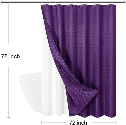 3 in 1 Long Purple Shower Curtain Set-72 W x 78 H, Modern Waffle and PEVA Liner Set with 12 Stainless Steel Hooks, Waterproof Fabric for Bathroom