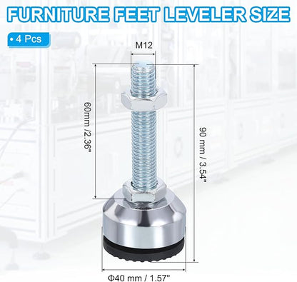 PATIKIL Furniture Leveling Feet 1.6" Dia Base M12 Thread, 4 Pcs Carbon Steel Adjustable Threaded Furniture Levelers Screw on Leg Leveler with Pads for Desk Chair Cabinet, Black