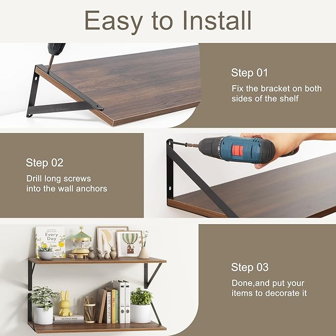 Fun Memories 20 Inch Floating Shelves, Deep Wall Shelves for Kitchen, 20 x 12 Floating Shelf for Living Room, Bedroom, Farmhouse Floating Shelves for Home Decor Storage, Walnut, Set of 2