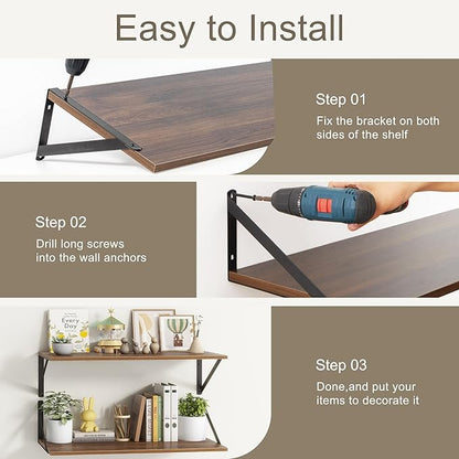 Fun Memories 27.5" W x12 D Floating Shelves, Large Wall Shelves 27.5 Inch Long, Set of 2, Farmhouse Wood Floating Shelf Wall Mounted, Deep Shelves for Bathroom, Living Room, Kitchen, Walnut Color