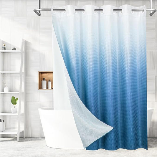 MitoVilla No Hooks Needed Blue Ombre Waffle Shower Curtain Liner Set, Modern Waffle Weave Heavy Duty Fabric Cloth Shower Curtain with Snap-in Liner for Luxury Neutral Hotel Spa Bathroom Decor, 72 x 74