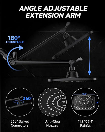 Veken 11.8" Black Rain Shower Head, Rectangular Rainfall Showerheads with 11" Stainless Steel Exension Arm, Height & Angle Decor Adjustable, High Pressure Shower Heads, Bathroom Accessories