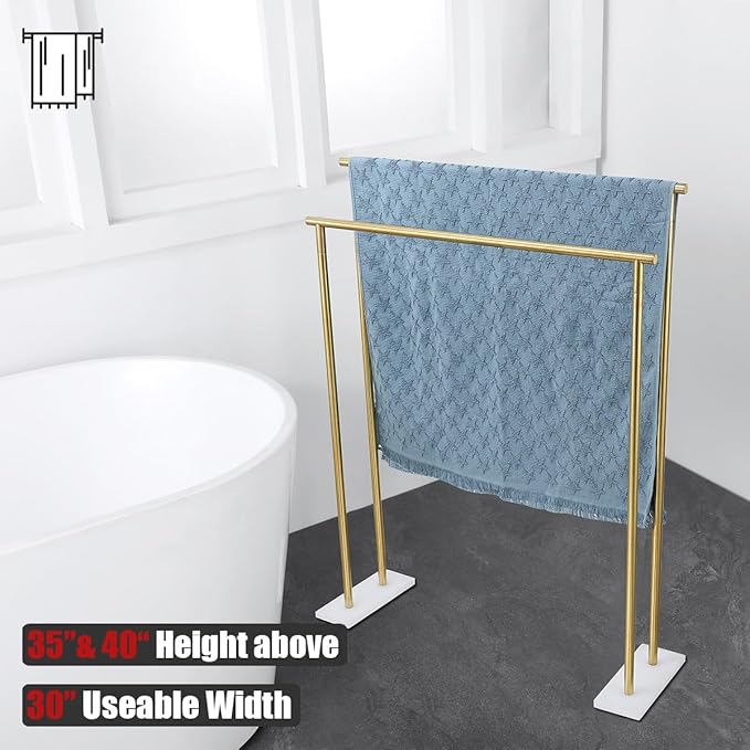 JQK Bath Towel Bar Free Standing Gold, 30 Inch Stand Double Towel Rack Holder Shelf for Bathroom Floor, Brushed Gold, BTH120L30-WG