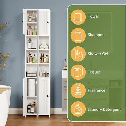 RRX Tall Slim Bathroom Storage Cabinet with 2 Doors,Adjustable Shelves,7.87''L*7.87''W*67''H, Narrow Cabinet with Anti-Tip for Toilet Paper Corner,Small Spaces, Kitchen,Bathroom (Milky White)