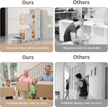 KHNR 3-Tiers Slim Bathroom Storage Cabinet, Foldable Storage Cabinets,Narrow Bathroom Storage,Movable Bathroom Storage Organizer for Small Spaces,Bathroom,Kitchen,Laundry,Cream White