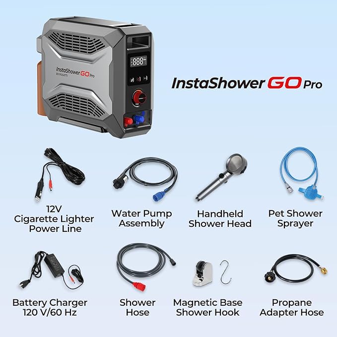 FOGATTI InstaShower GO Pro, Portable Propane Tankless Water Heater 22,000 BTU, with 5000mAh Rechargeable Built-in Battery, DC 12V, Outdoor Camping Shower