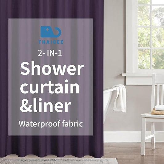 2-in-1 Waterproof Fabric Shower Curtain or Liner,Linen Textured,Breathable TPU & Washable Bathroom Shower Curtain Set with 12 Plastic Hooks,Modern,72"x72" Purple