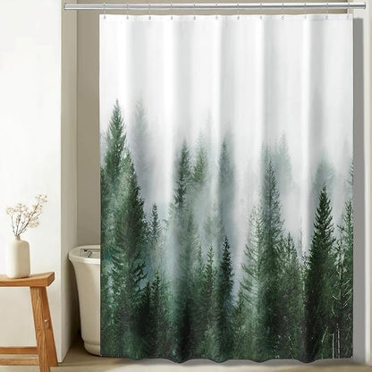 ORTIGIA 78 Inch Green Misty Forest Shower Curtain for Bathroom, Nature Woodland Shower Curtain Set with Hooks, Decorative Pine Tree Fog Magic Bath Curtain, Waterproof Fabric, Weighted, 72x78