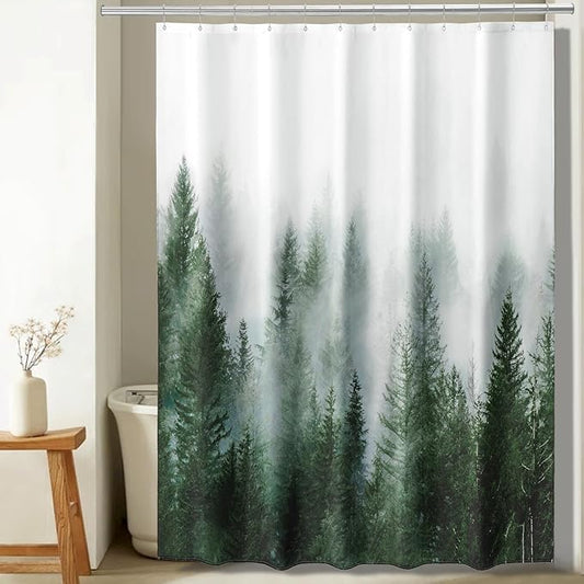 ORTIGIA 78 Inch Green Misty Forest Shower Curtain for Bathroom, Nature Woodland Shower Curtain Set with Hooks, Decorative Pine Tree Fog Magic Bath Curtain, Waterproof Fabric, Weighted, 72x78