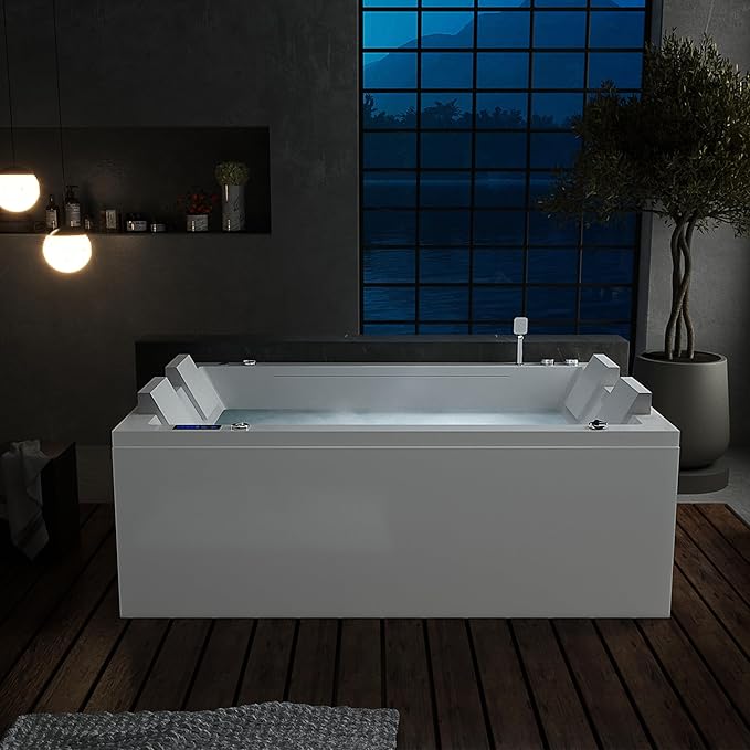 Empava PRO Series Whirlpool Tub with Dedicated Milk Bath & 65 Jets | Luxury Spa Acrylic Soaking Tub with Ozone Sanitization, Chromatherapy & Wireless Music System, Removable Panel, 71" Bathtub, White