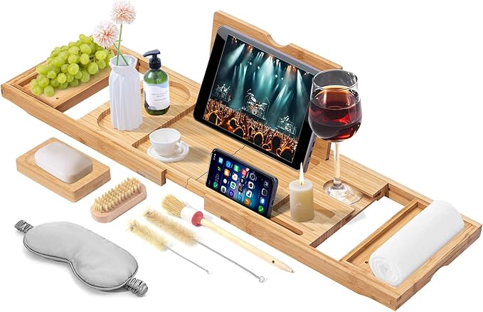 AUTODECO Bathtub Tray, Bamboo Bath Tray for Tub, Expandable Bath Tray with Bamboo Book Stand, Soap Tray, Bathtub & Bathroom Accessories Perfect for Home Spa, Natural Colour