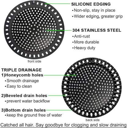 2PCS Shower Hair Drain Catcher/Strainer/Cover/Filter/Trap, Hair Stopper Floor Drain, Stainless Steel with Silicone Edge Drain Protector, Black, 4.75 Inch Diameter