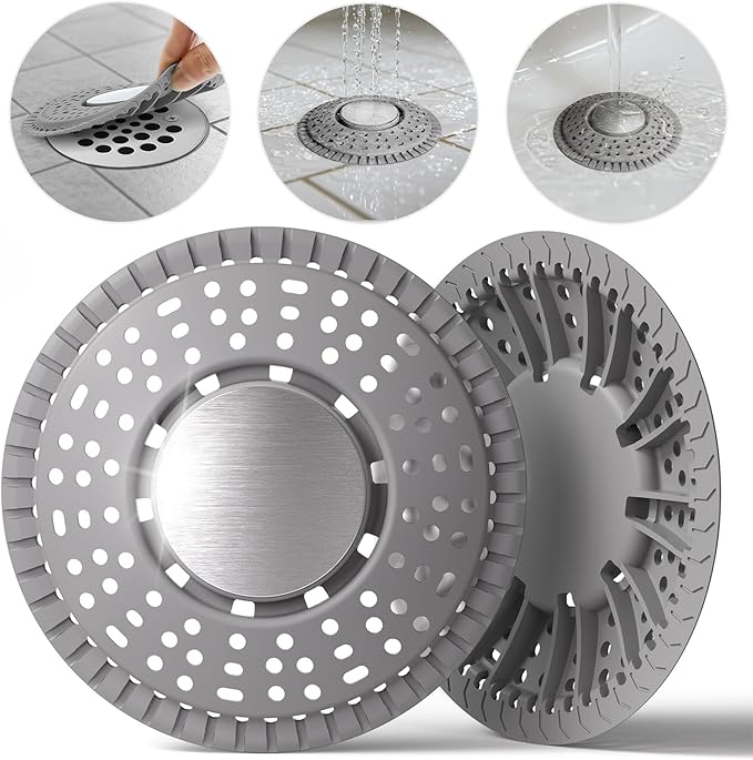 Shower Drain Hair Catcher, Upgraded 2Pack Premium Silicone Drain Protector & Shower Drain Cover for Regular Floor Drains of Shower Room, Bathroom, 304 Stainless Steel, Gray