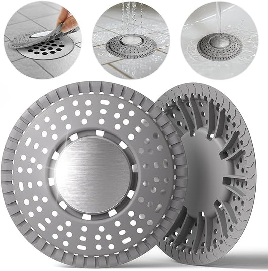 Shower Drain Hair Catcher, Upgraded 2Pack Premium Silicone Drain Protector & Shower Drain Cover for Regular Floor Drains of Shower Room, Bathroom, 304 Stainless Steel, Gray