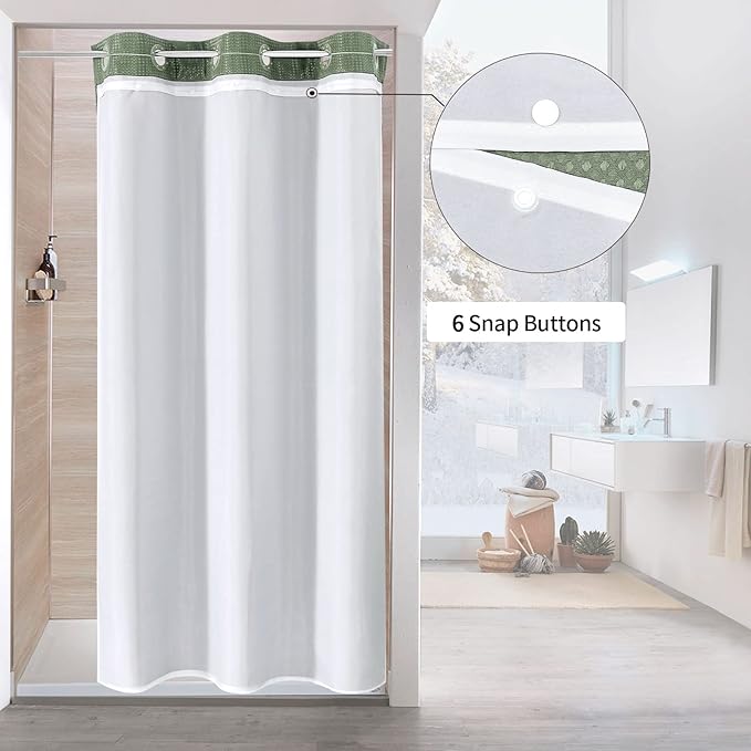 MitoVilla No Hooks Needed Small Stall Shower Curtain Liner Set 36 x 74, Sage Green Waffle Half Size Narrow Waffle Weave Fabric Shower Curtain Set with Snap-in Liner for Modern Spa-Like Bathroom Decor