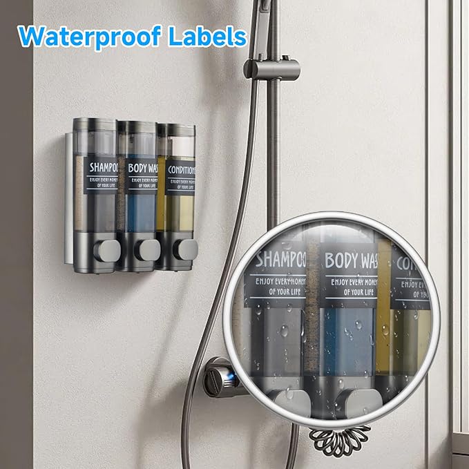 Shampoo and Conditioner Dispenser,GlintGath Shower Dispenser 3 Chamber No Drill Shampoo Dispenser for Shower Wall Mounted Shower Soap Dispenser for Bathroom Hotel,3 * 300ML,Gun Gray