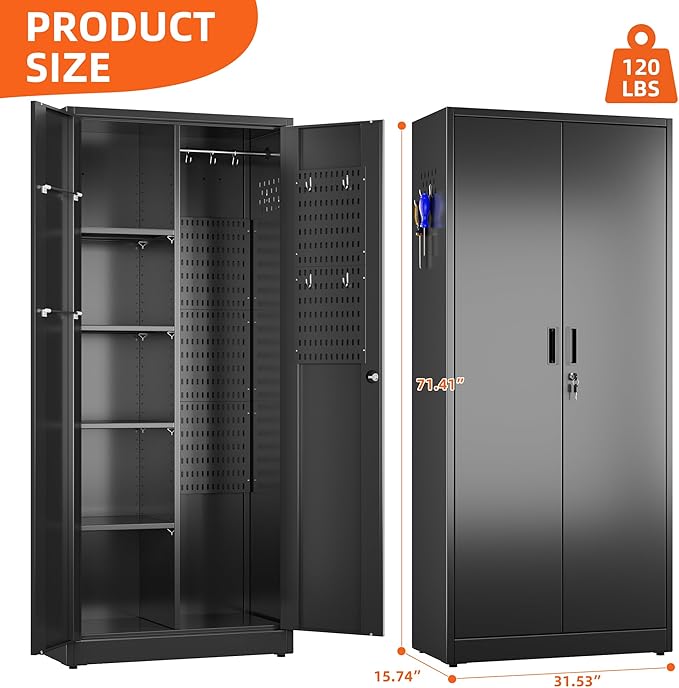Aobabo Broom Closet Storage Cabinet, Lockable Garage Storage Cabinet for Home Garage, 71.41" H×31.53" W×15.74" D, Assembly Required, Black