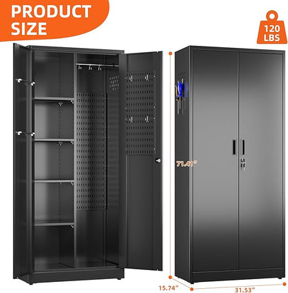 Aobabo Broom Closet Storage Cabinet, Lockable Garage Storage Cabinet for Home Garage, 71.41" H×31.53" W×15.74" D, Assembly Required, Black