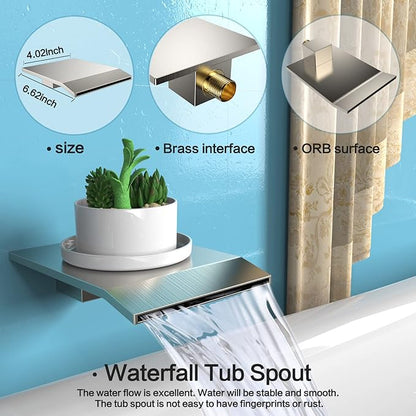 Shower System Rain Shower Faucet Set with Tub Spout,10 inch Bathroom Wall Mounted Waterfall Bathtub Faucet with Handheld Spray and Rough-in Valve Body and Trim kit,Brushed Nickel