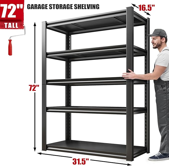 Raybee Storage Shelves, 72" H Garage Shelving, 5-Tier Adjustable Garage Shelves, 2000LBS Metal Shelving for Basement, Garage, Warehouse, Pantry, 72" H x 31.5" W x 16.5" D, Black