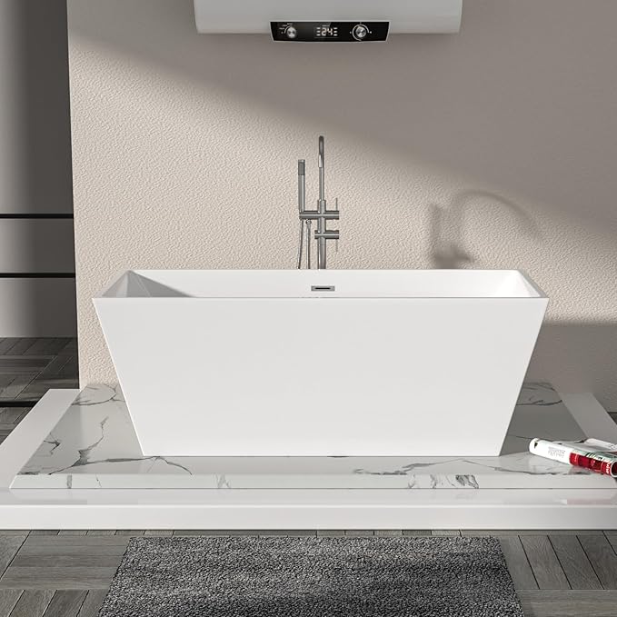 Logmey 67 Inch Bathtub White Acrylic Freestanding Rectangle Deep Soaking Tub with Chrome Drain & Overflow Assembly for Classic and Modern Bathrooms
