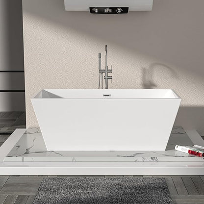 Logmey 67 Inch Bathtub White Acrylic Freestanding Rectangle Deep Soaking Tub with Chrome Drain & Overflow Assembly for Classic and Modern Bathrooms