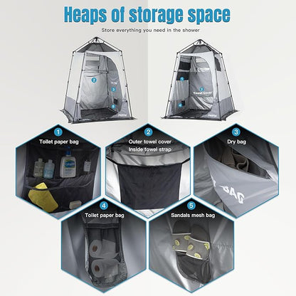 Camping Shower Tent Deluxe Changing Room Easy Set Up Privacy Shelter,Large Toilet Tent with Floor Drain Design for Beach, Camping,Hiking with Stakes and Ropes for Stability