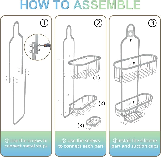Kadolina Bathroom Hanging Shower Organizer, Over Head Shower Caddy Shower Storage Rack Basket with Hooks for Razor and Sponge Rustproof, Silver [Patented]