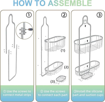 Kadolina Bathroom Hanging Shower Organizer, Over Head Shower Caddy Shower Storage Rack Basket with Hooks for Razor and Sponge Rustproof, Silver [Patented]