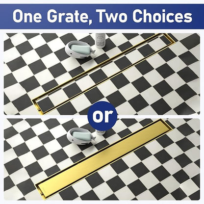 Linear Shower Drain 24", Brushed Gold Floor Drain with Tiled Insert Grate & Hair Strainer, 304 Stainless Steel Bathroom 2-in-1 Tiled in Drain, CUPC Certified (Brushed Gold, 24'')