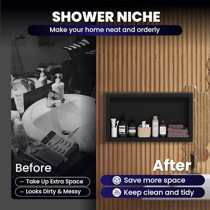 Stainless Steel Shower Niche 12" x 24", Single-Layer Wall Mounted No Tile Needed, Recessed Shower Niche with Hollow Partition, Shower Niches Shelf for Bathroom Organizer, Black