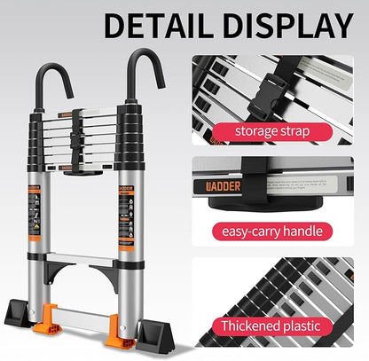 Telescoping Ladder,with Stable Hook and stabilizer barand,Extension Ladder, Heavy Duty 330lbs Max Capacity, Multi-Purpose Collapsible Ladder for RV or Outdoor Work (Aluminum, 8.5FT/2.6M(A-Button))