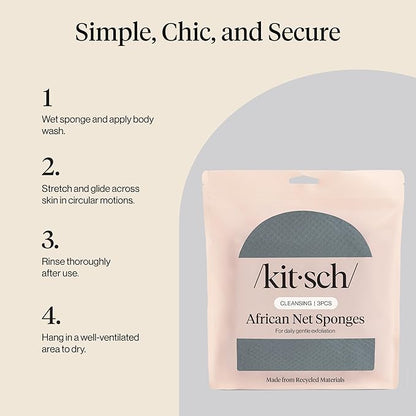 Kitsch African Net Sponge – Exfoliating Body Scrubber for Cleansing & Gentle Daily Exfoliation – Stretchable Bath Sponge for Hard-to-Reach Areas, Long-Lasting Shower Essential - Aqua Grey, 3 Pcs