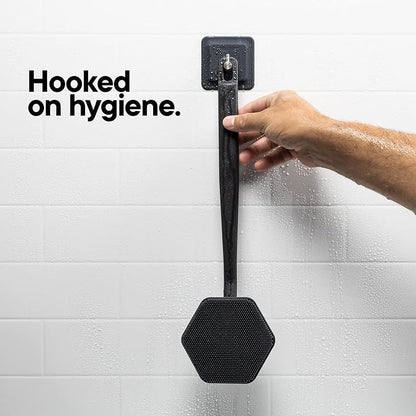 TOOLETRIES Silicone Back Scrubber with Hook - Exfoliating Shower Brush, Back Washer for Men, Durable Back Brush with Long Handle - Long Lasting Bath & Shower Accessories - Charcoal