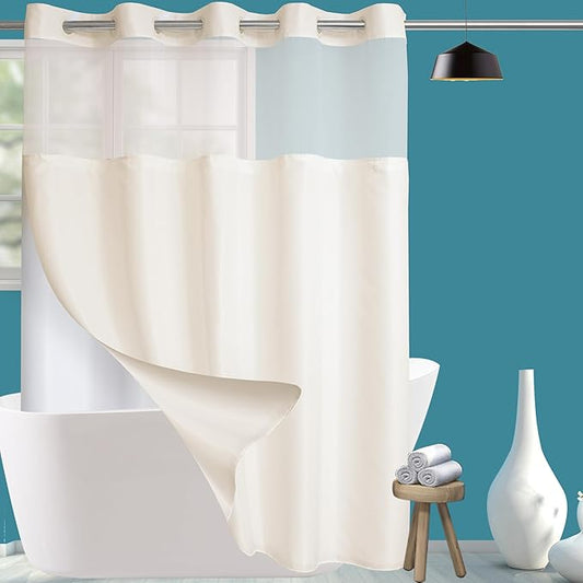 Conbo Mio Extra Long No Hook Shower Curtain with Snap in Liner Set, Hotel Luxury Beige Fabric Shower Curtains for Bathroom with See Through Top Window, Washable, Waterproof 71W x 84H