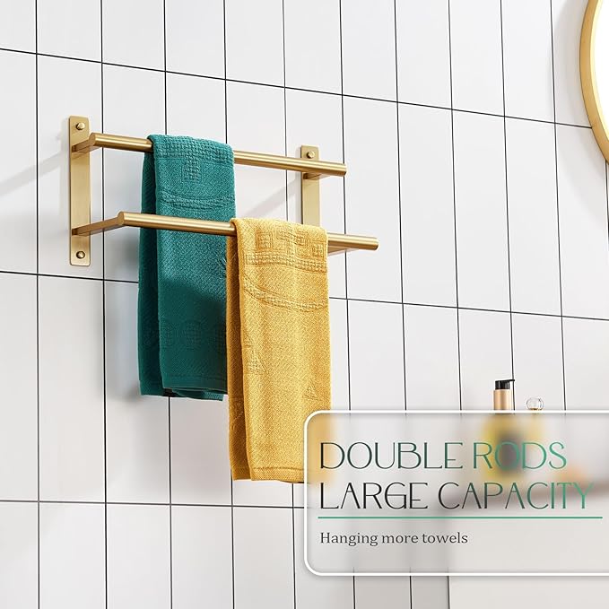 KOKOSIRI 16 Inch Bathroom Towel Racks Double Towel Bar Bath Towel Holder Towel Hanger Towel Shelf Wall Mount Stainless Steel Brushed Gold B5010BG-L16