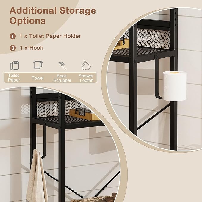 Tangkula Over The Toilet Storage Cabinet, 5-Tier Space Saver Above Toilet with 2 Mesh Doors, Metal Stand, Toilet Paper Holder & Hook, Freestanding Bathroom Cabinet Organizer for Laundry, Rustic Brown