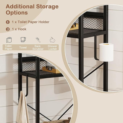 Tangkula Over The Toilet Storage Cabinet, 5-Tier Space Saver Above Toilet with 2 Mesh Doors, Metal Stand, Toilet Paper Holder & Hook, Freestanding Bathroom Cabinet Organizer for Laundry, Rustic Brown