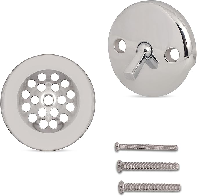 Trip Lever Bathtub Drain Kit with Strainer – 2-Hole Overflow Faceplate, Matching Screws – Tub Drain Trim Replacement Set for Bathroom Bathtubs