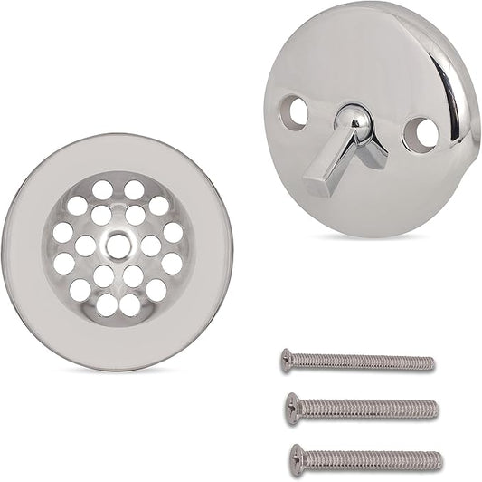 Trip Lever Bathtub Drain Kit with Strainer – 2-Hole Overflow Faceplate, Matching Screws – Tub Drain Trim Replacement Set for Bathroom Bathtubs