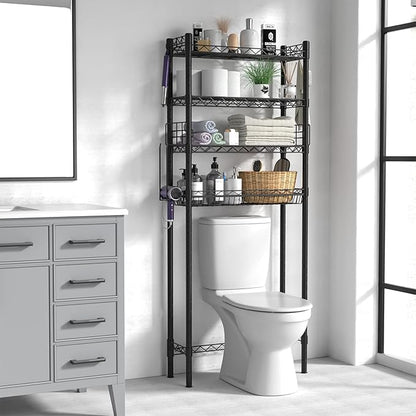 Over Toilet Bathroom Organizer, Adjustable 4-Tier Over The Toilet Storage Shelf Sturdy Bathroom Shelves, Freestanding Above Toilet Storage Rack Stable Bathroom Space Saver, Black