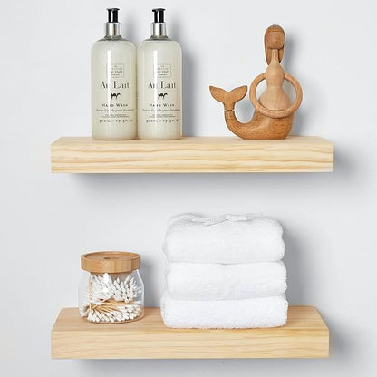Homeforia 16 inch Natural Floating Shelf, High End Solid Real Wood 16inch Small Floating Shelves for Wall Mounted, Natural Wooden Floating Shelves, Heavy Duty Bracket, 16 X 6.5 X 1.75 in, Set of 3